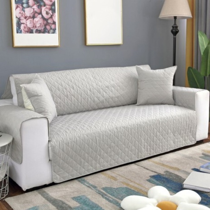 Husa matlasata canapea 2 locuri, gri deschis