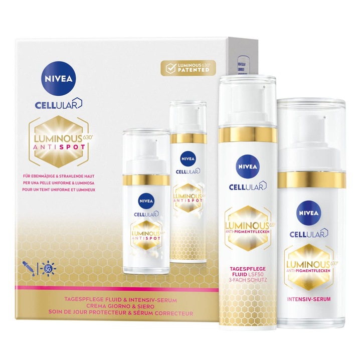 Комплект против стареене - Nivea Cellular Luminous 630® - Дневен флуид и интензивен серум, Грижа против пигментни петна, Ежедневна грижа, Подаръчна кутия, 40 мл + 30 мл