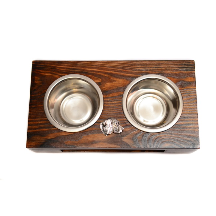 Suport din lemn pentru doua boluri pentru caini, Art-Dog cu boluri din otel inoxidabil, dimensiuni 60x30x10cm, culoare naturala