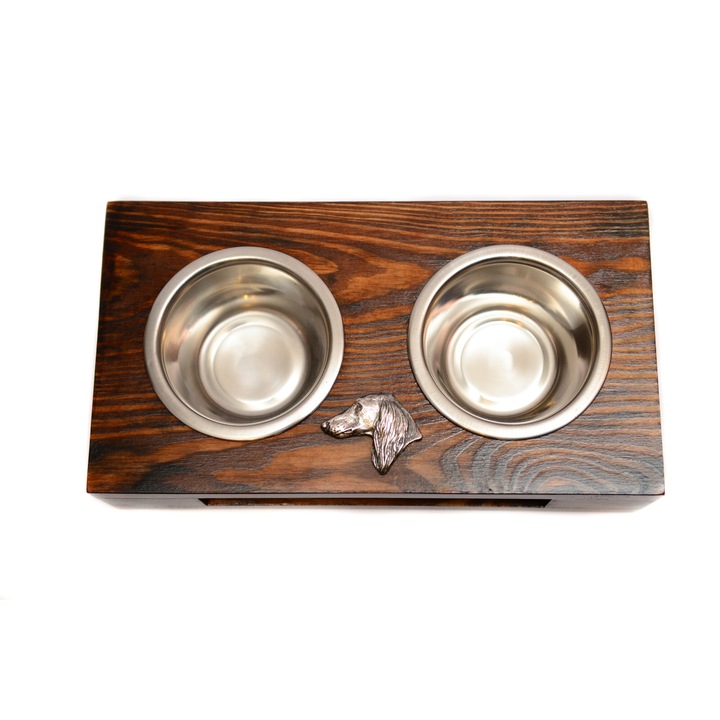 Suport din lemn pentru doua boluri de caine, Art-Dog cu boluri din otel inoxidabil, dimensiuni 60x30x10cm, culoare naturala, 2x2,8 litri