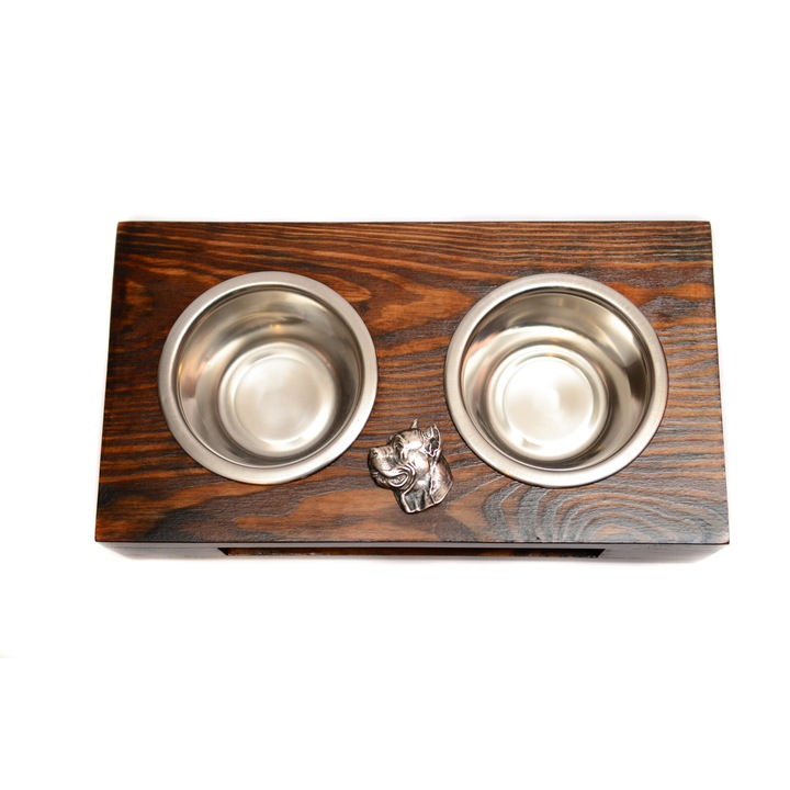 Suport din lemn pentru doua boluri pentru caini, Art-Dog cu boluri din otel inoxidabil, 60x30x10 cm