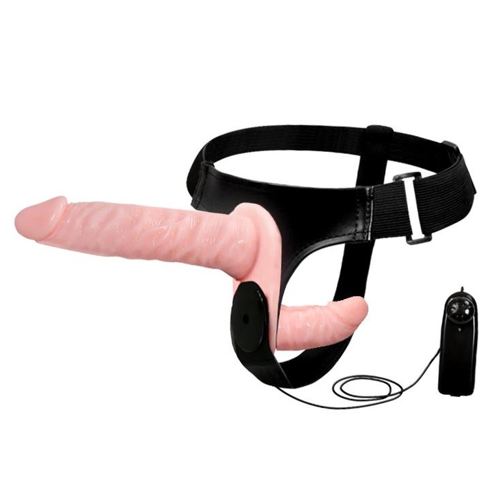 Strap-on Baile cu doua dildo-uri vibrante, 18x3.5cm / 10x3.2cm, gel, ajustabil