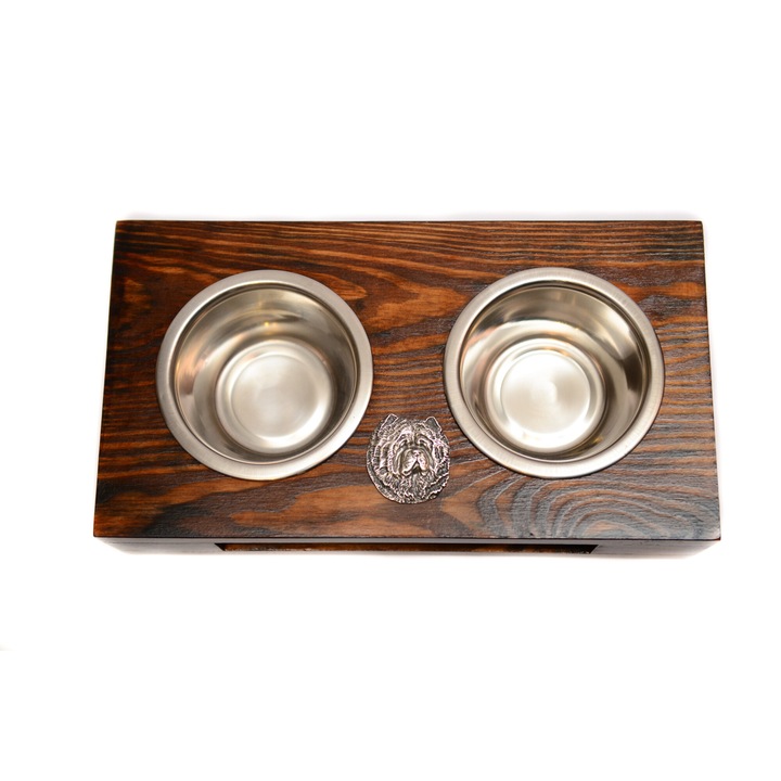 Suport din lemn pentru doua boluri pentru caini, Art-Dog cu boluri din otel inoxidabil, dimensiuni 60x30x10cm, culoare naturala