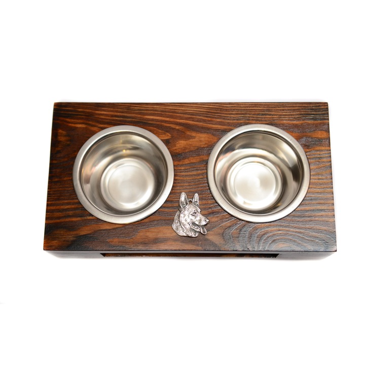 Fa állvány két kutyatálhoz, Art-Dog két rozsdamentes acél tállal, 60x30x10cm