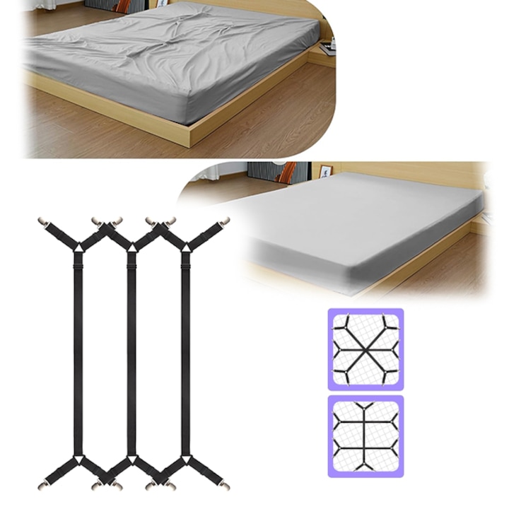 Curele de Fixare pentru Atternut, 3 Bucati - Fixeze Reglabile cu Sistem Incrucisat pentru Paturi Full Size, Cleme Sigurante pentru Cearsaf Elastic, Negru