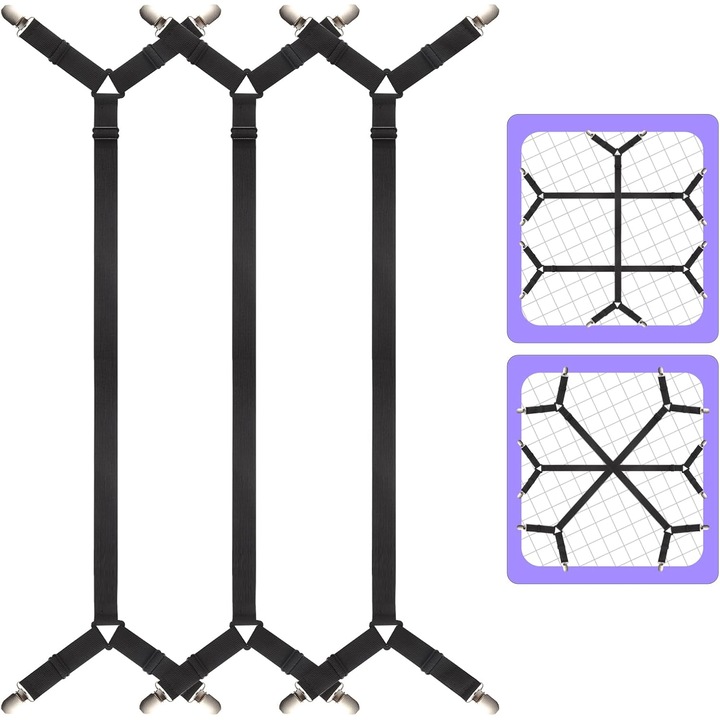Matracrögzítő pántok, 3 db - Állítható Crisscross System rögzítők teljes méretű ágyakhoz, Beépített lepedő biztonsági kapcsok, fekete