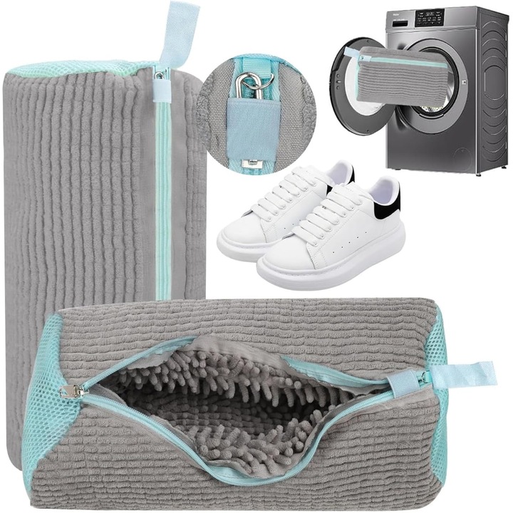 2 darabos cipőmosó zsák készlet, XUNNING®, deformálódás- és fakulásálló, mosógépben és szárítógépben való védelemhez, újrafelhasználható, szürke