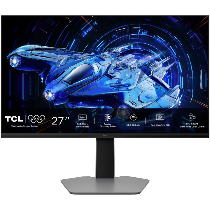 TCL 27G64 QD-Mini LED Gaming monitor, 27", QHD (2560x1440), 180Hz, 1ms GTG, AMD FreeSync™ Premium, G-Sync™ kompatibilis, HDR600, 2x HDMI, DisplayPort, Jack, Pivot, fekete/szürke