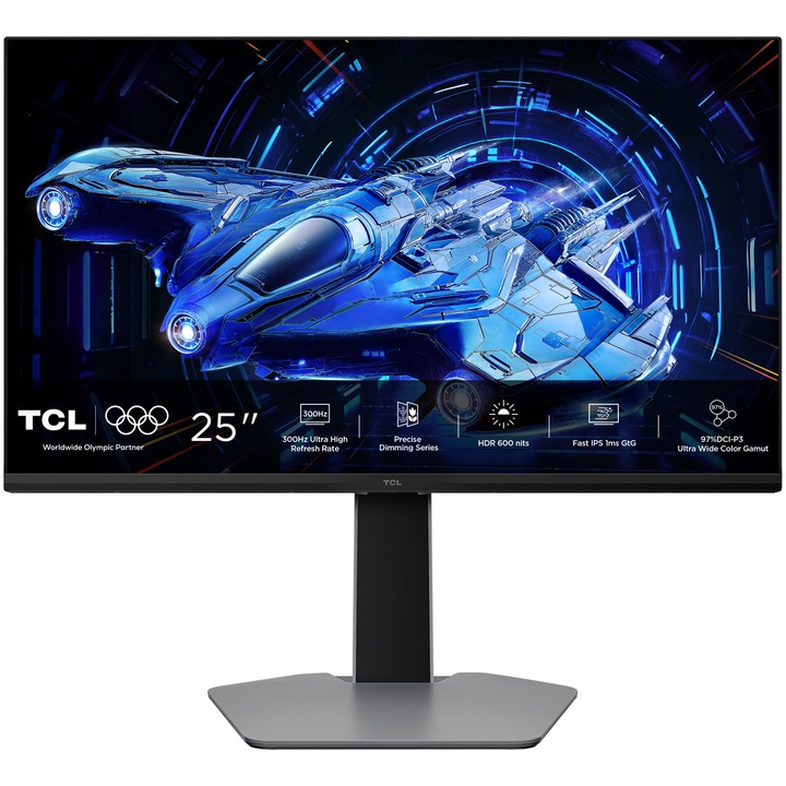 Monitor Gaming QD-Mini LED TCL 25G64, 25", Full HD (1920x1080), 300Hz, 1ms, AMD FreeSync™ Premium, G-Sync Compatible, HDR600, 2x HDMI, Display Port, Jack, Pivot, negru/gri