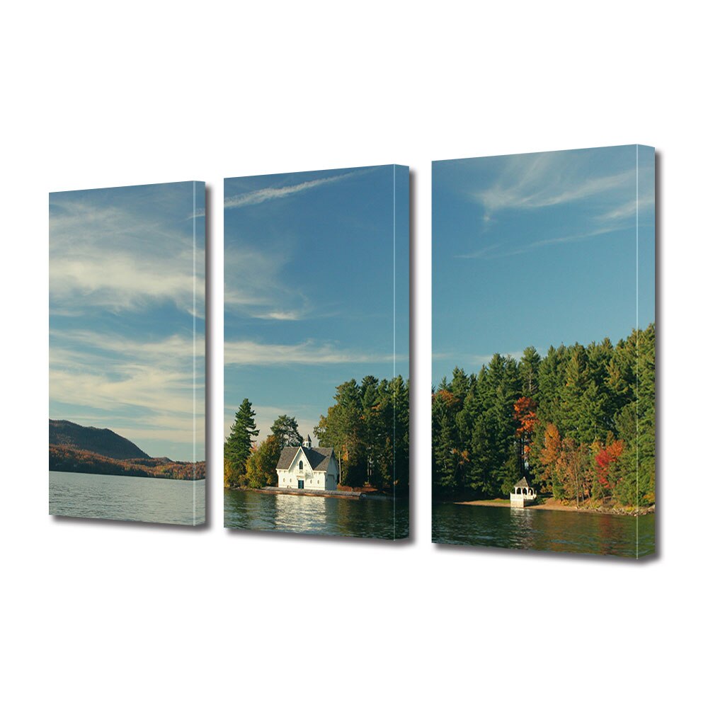 Set Tablouri Multicanvas 3 Piese Peisaj de Toamna cu Intre padure si lac, 70 x 150 cm