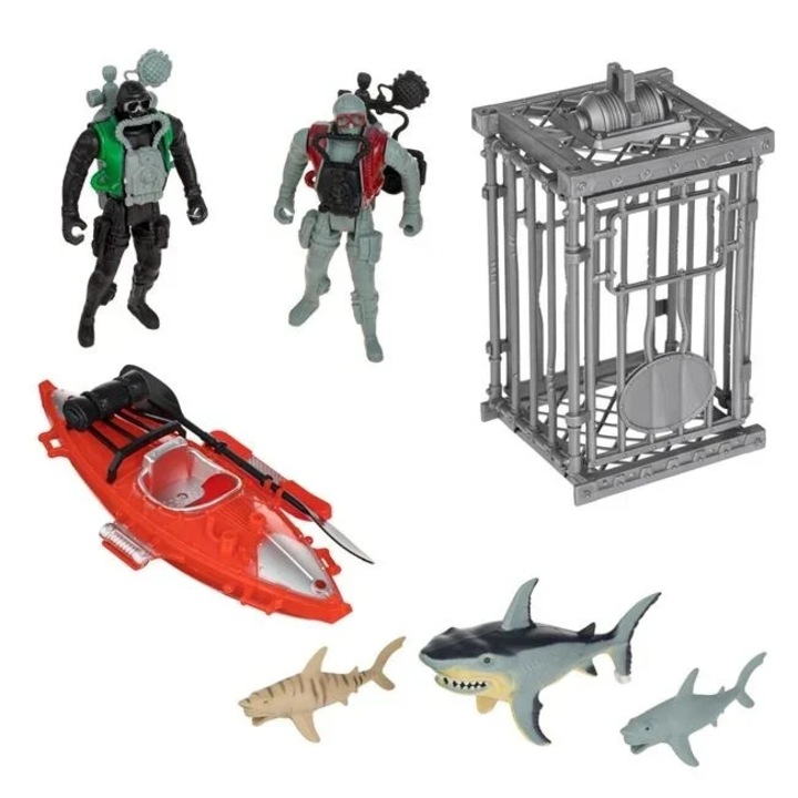 Комплект с 2 водолаза и 3 акули, Welora, с клетка и лодка, 45x12.5x18cm, многоцветен