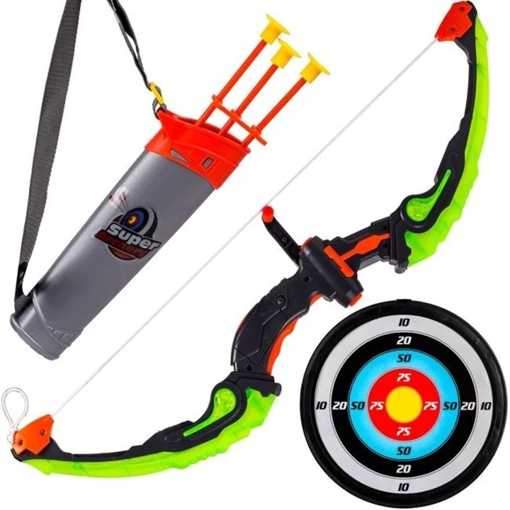 Set arc 60cm si Darts, Welora, include tolba cu pozitii pentru sageti su 3 sageti, diametru 25cm, multicolor