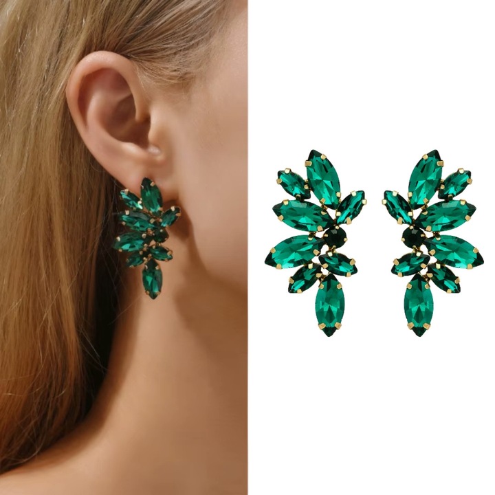 Cercei cu aripa formala verde cu zirconii la ureche stalpi din aur