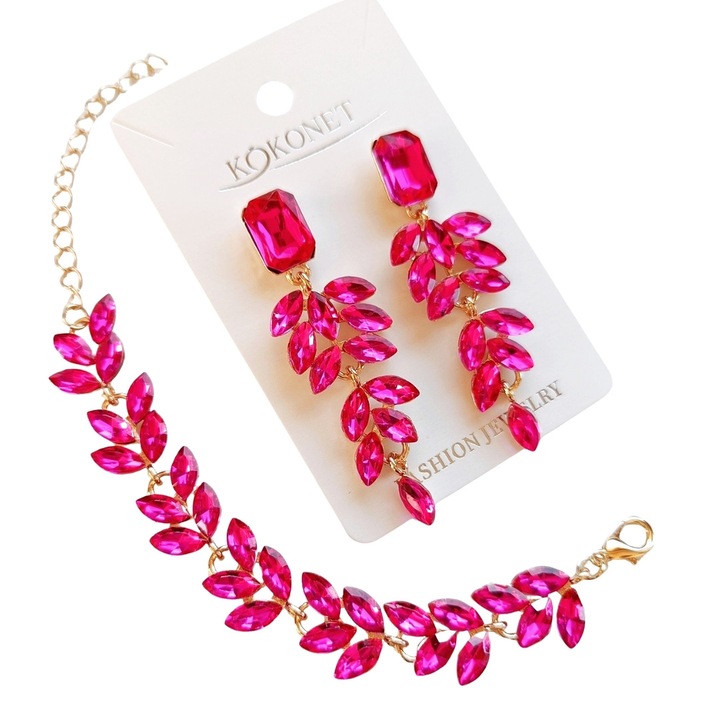 Set de cercei si bratara fucsia placate cu aur cadou elegant