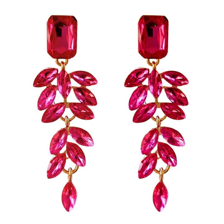 Fukszia arany fülbevaló, hosszú levelekkel, enyhén fényes cirkóniákkal