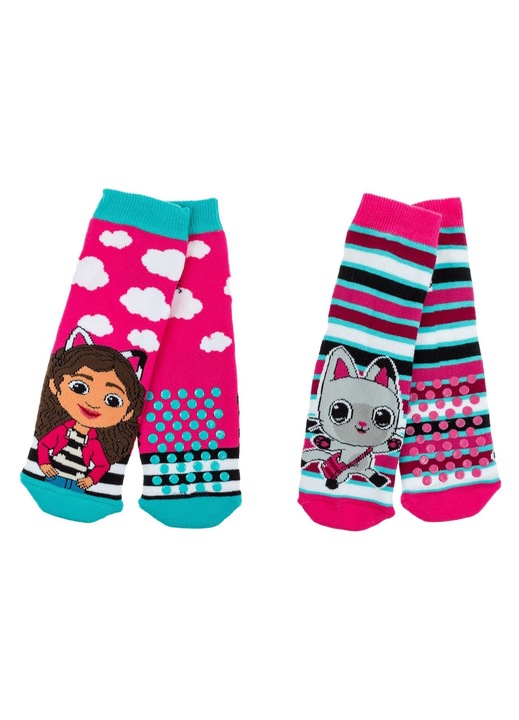 Sosete de Iarna Roz Turcoaz cu Dungi Model Gabby's Dollhouse Antislip 2 perechi