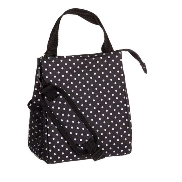 Изолирана термо чанта с цип, синтетичен материал, шарка на точки, черно/бяло, 8 л, 21x16x24 см