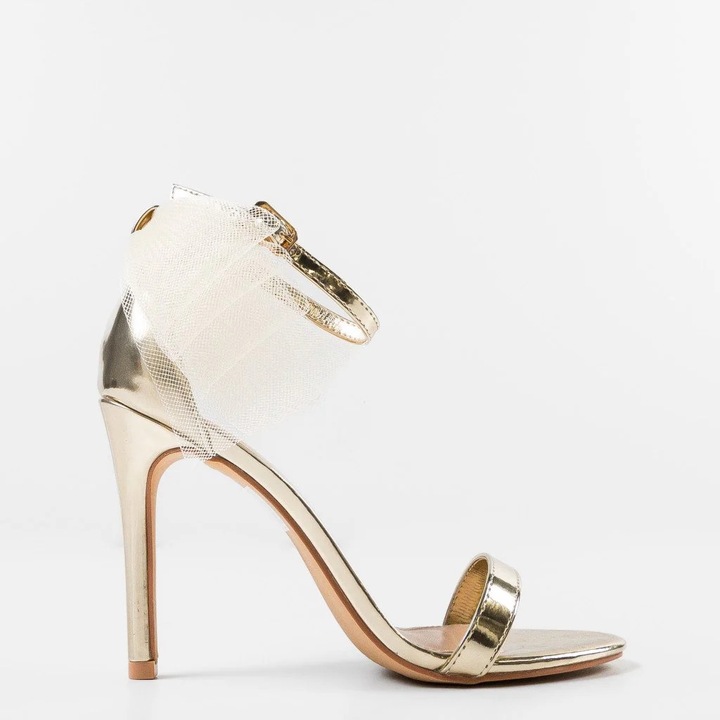 Sandale dama cu toc, RAVENA, satin, design funda, inchidere cu bareta, Auriu