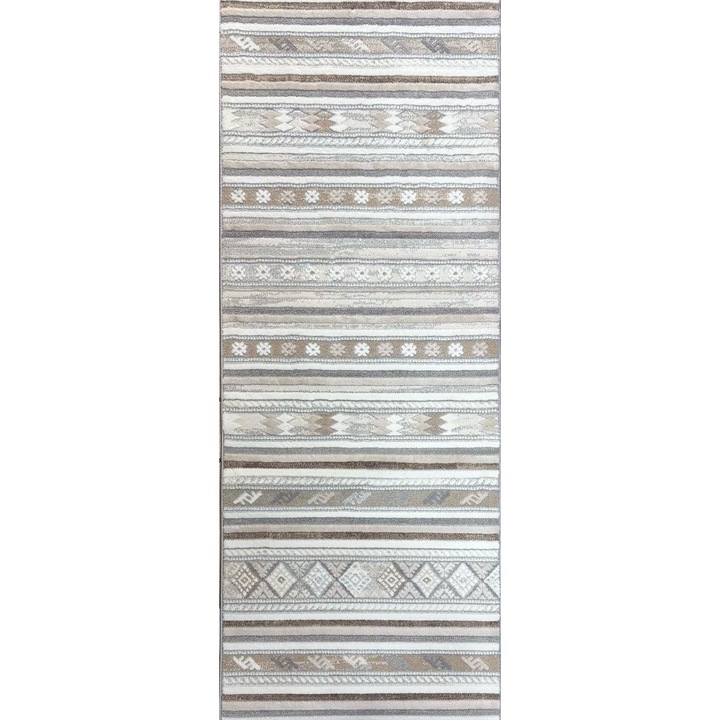 Traversa cu nuanta de Gri cu Bej,60 cm latime x 150 cm lungime, Tesatura mecanica cu suport textil din Bumbac tratat Antiderapant, noduri 528.000/mp inaltime fir 1,3cm,2200g/mp Material Acrilic