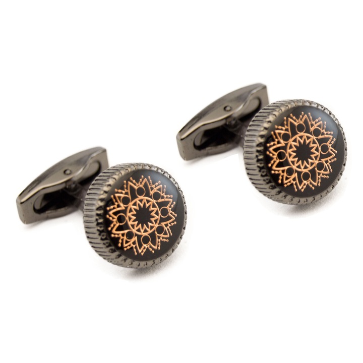 Elegáns sárgaréz ing mandzsettagomb készlet, Newtone, BT-002, kerek, fekete / réz és króm, 14,5 mm