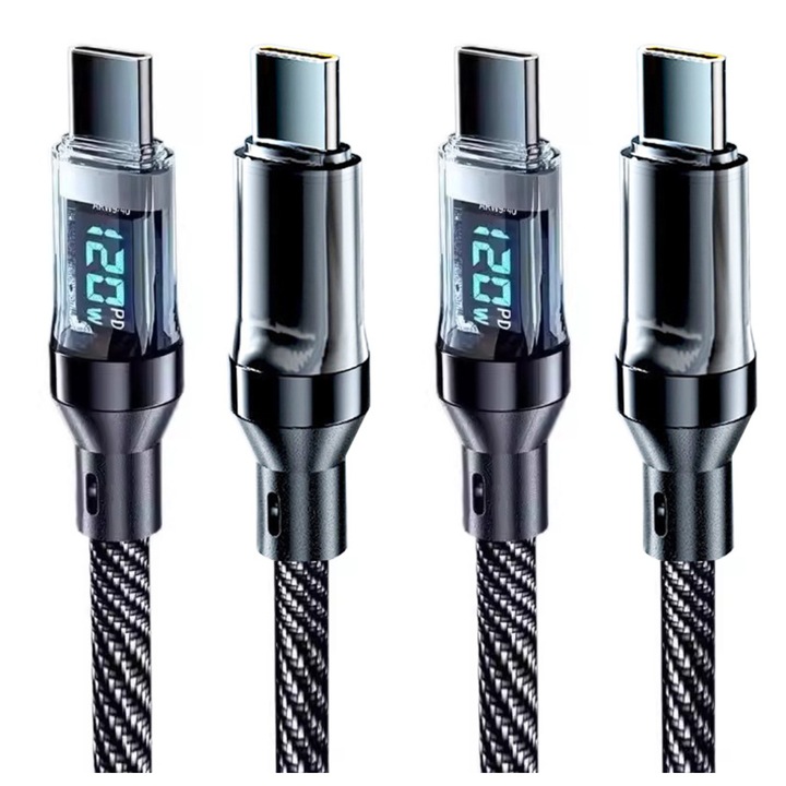 2 db-os USB-C - USB0C 120W-os kábelkészlet, gyorstöltés LED kijelzővel, átlátszó ház, 1,5 m, fekete