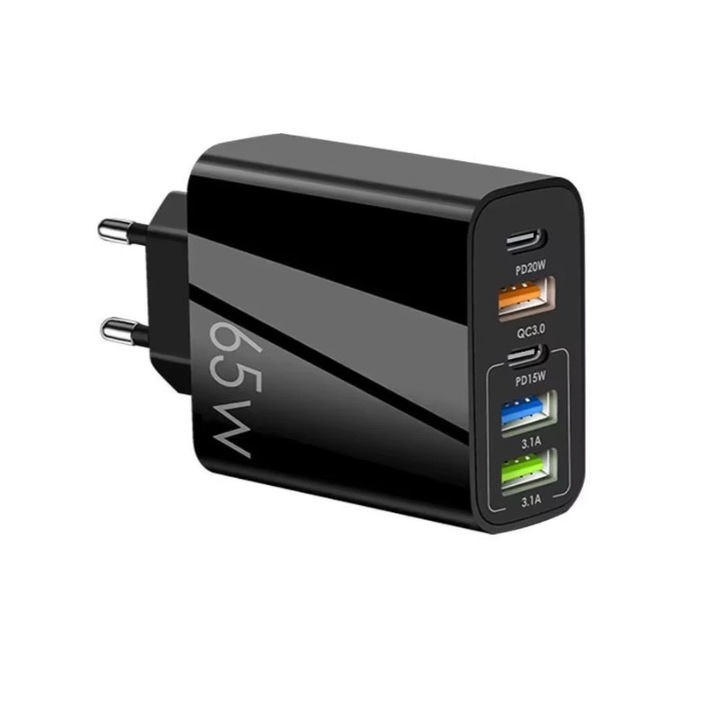 USB-C 30W gyorstöltő, 5 port, 2 USB C + 3 USB A, iPhone 16-hoz, Galaxy S25-höz, fekete