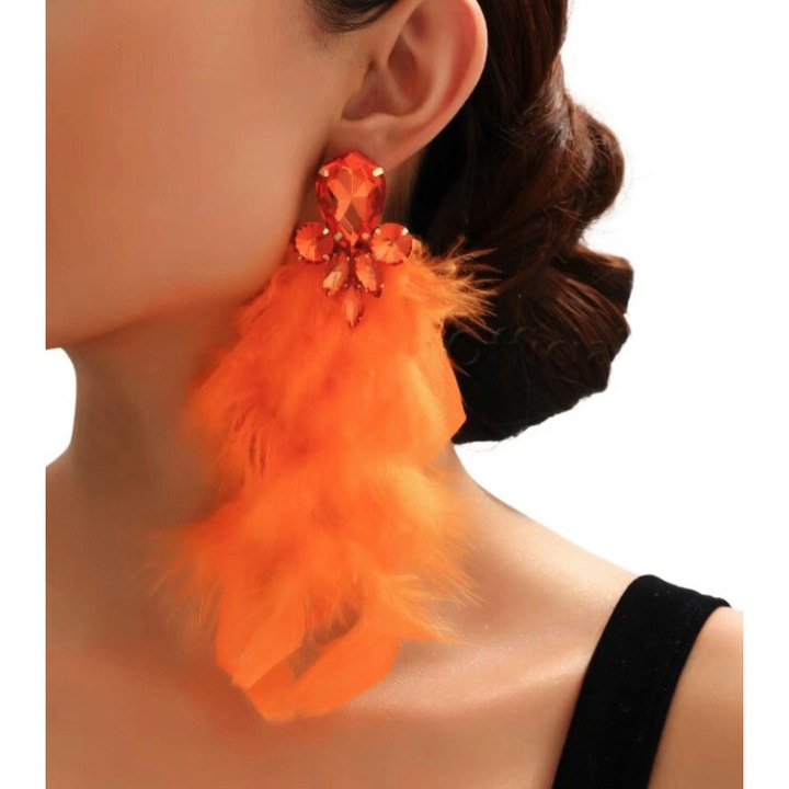 Cercei orange neon aur lungi lumina pene chic elegant