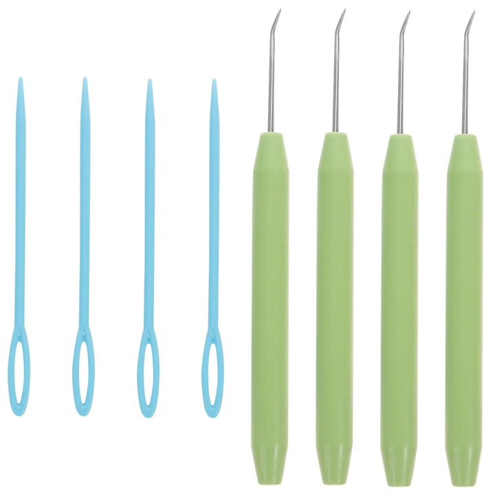 Set de 8 crosete si ace pentru tricotat ZYBLSSBB LSM2xh6066-BCS0151772, manere din plastic cu carlig din otel inoxidabil si ace cu ochi mare, verde/albastru, 12,5 cm