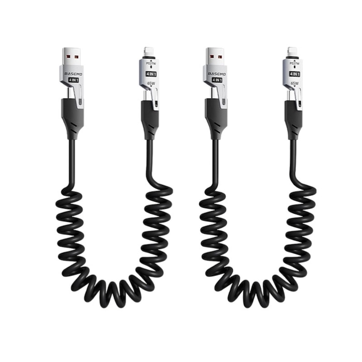 Set 2 Cabluri de incarcare 4 in 1, 65W, design elastic, 1.2m, negru
