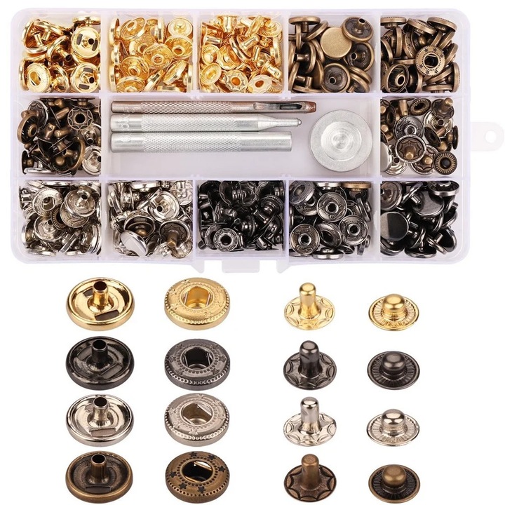 100 db fém patent készlet, többszínű, 12.5mm, szerelőszerszámokkal ruhákhoz