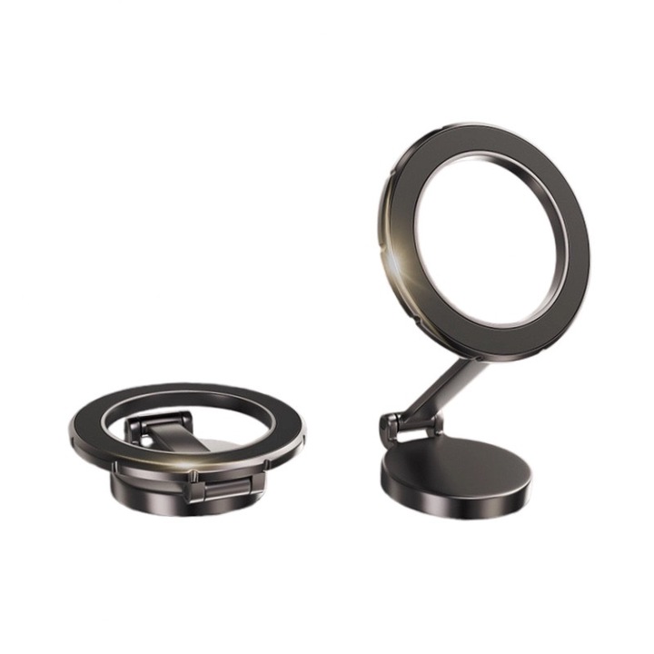 Mágneses autós telefontartó 360°-ban forgatható, összecsukható kialakítással, fekete, méretek 13,8x4,5cm