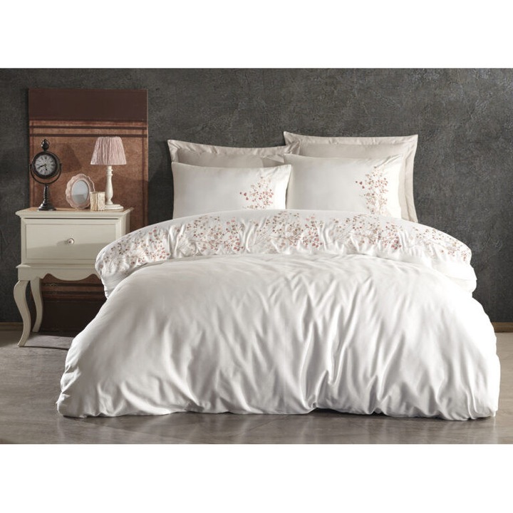 Lenjerie de pat Alya Crem, cu borderie aplicata, premium quality, 6 piese, 200x220 / 50x70, 100% bumbac satinat, crem