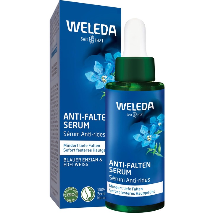 Weleda Blue Gentian & Edelweiss Organic ránctalanító szérum - Natural Cosmetics Természetes öregedésgátló szérum az arcra/arcápoló koncentrátum 2 hét után csökkenti a mély ráncokat és feszesíti a bőrt (Vegán, 30 ml)