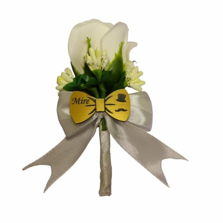 Cocarde Nunta, Model Papion Floral, Trandafir, Auriu-Alb, CFL198