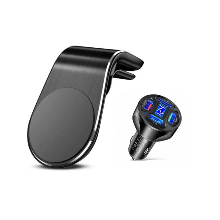 Mágneses autós telefontartó szett 66W-os gyorstöltővel, állítható, fekete