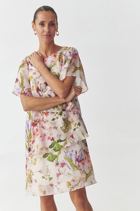 Tatuum, Rochie mini cu model floral, Alb fildes/Verde masliniu