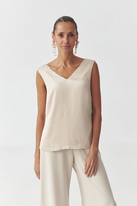 Tatuum, Bluza cu decolteu in V si model uni, Bej inchis, 36