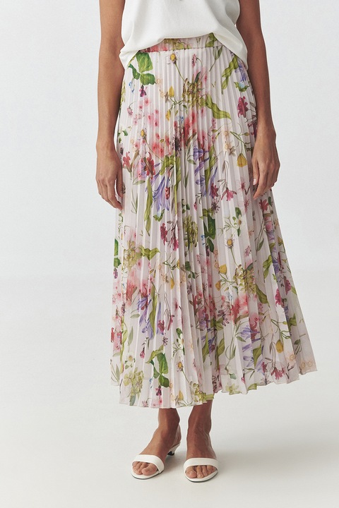 Tatuum, Fusta cu pliuri si model floral, Alb fildes/Verde masliniu