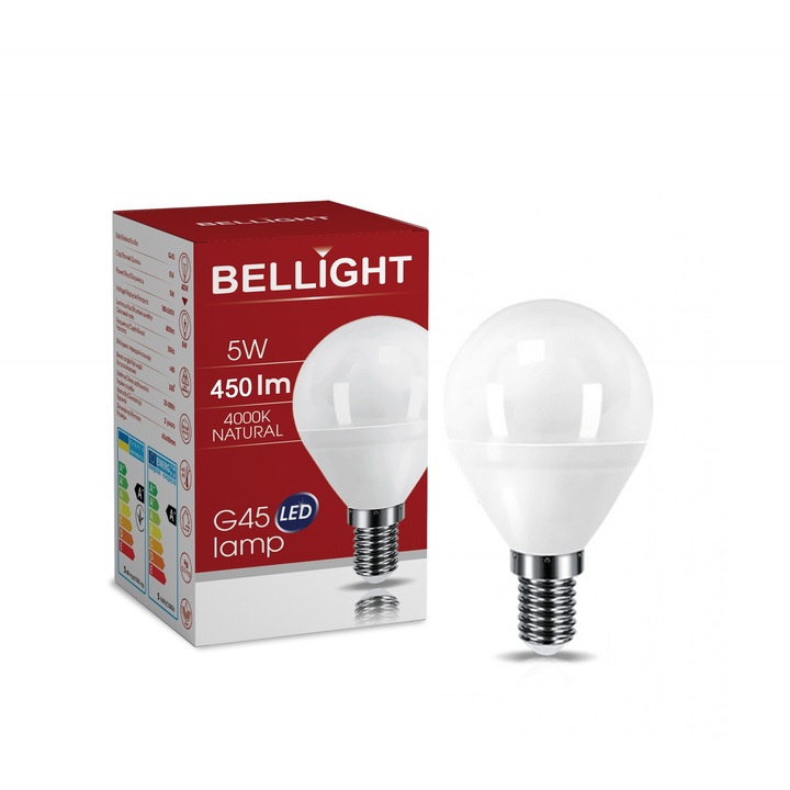 Bec LED BELLIGHT G45, 5W, 4000K, E14, forma glob, Clasa F
