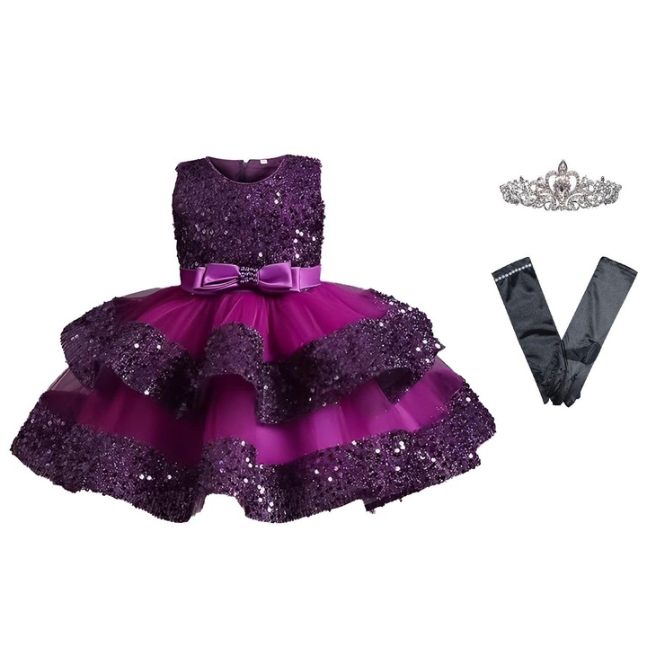 Рокля за момиче, миди пола с волани, комплект дантелени ръкавици, лилава, 2-3 години, 85-95 см