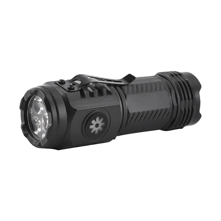 Lanterna LED ZYBLSSBB LSM2xh2248-BCS0324974, reincarcabila, 3 LED, zoom reglabil, 5 moduri, IPX6, acumulator Li‑ion, clema de prindere, negru