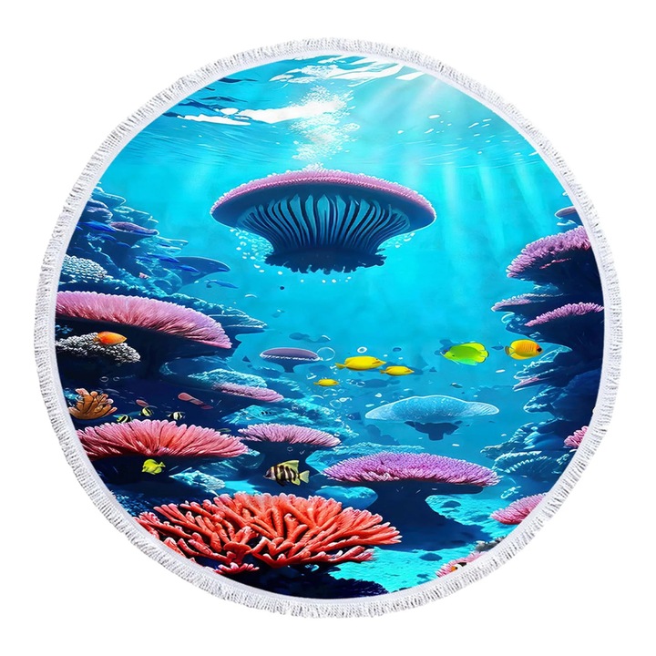 Prosop de plaja rotund ZYBLSSBB din microfibra, imprimat, uscare rapida si rezistent la nisip, Multicolor, 61"x61"