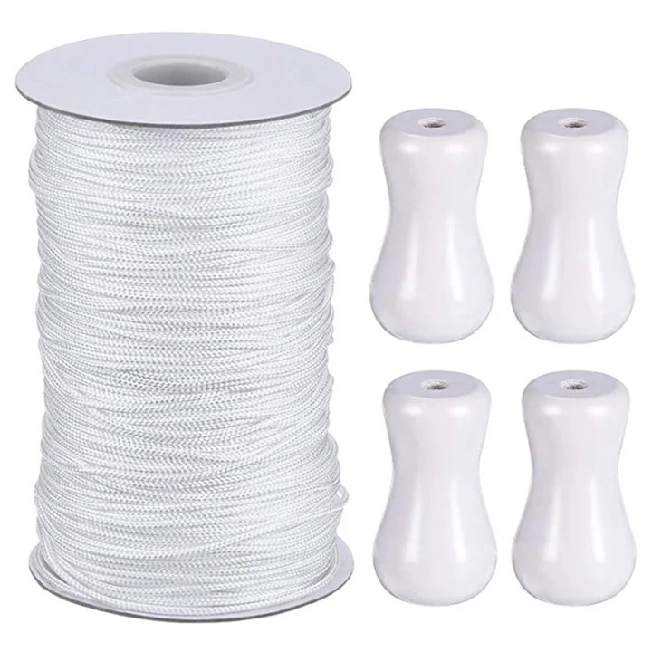 Set accesorii pentru jaluzele ZYBLSSBB LSM2xh307-BCS0373046, snur din poliester cu pandantive din lemn, alb, 4 manere + rola snur