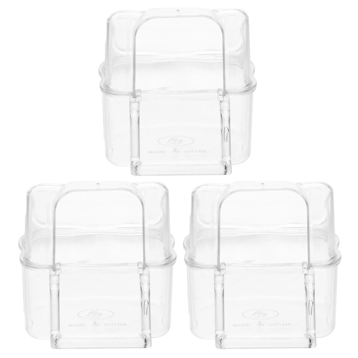 Set 3 boluri hranitoare acrilice transparente cu suport 8x4.5x6cm pentru pasari si papagali