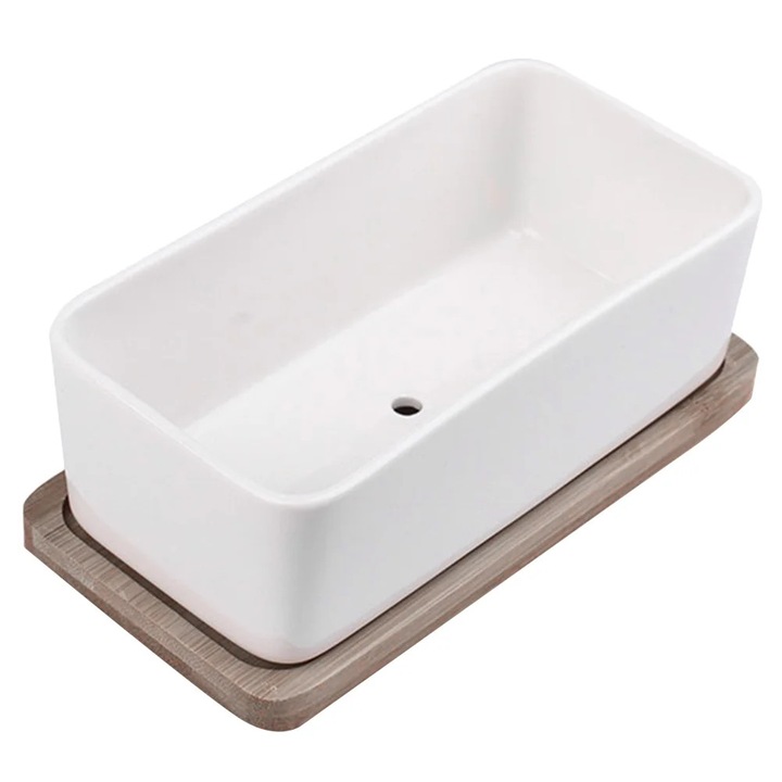 Set ghiveci ceramic si tava bambus alb 17x8.5x5.7cm 17.2x8.8x1.1cm