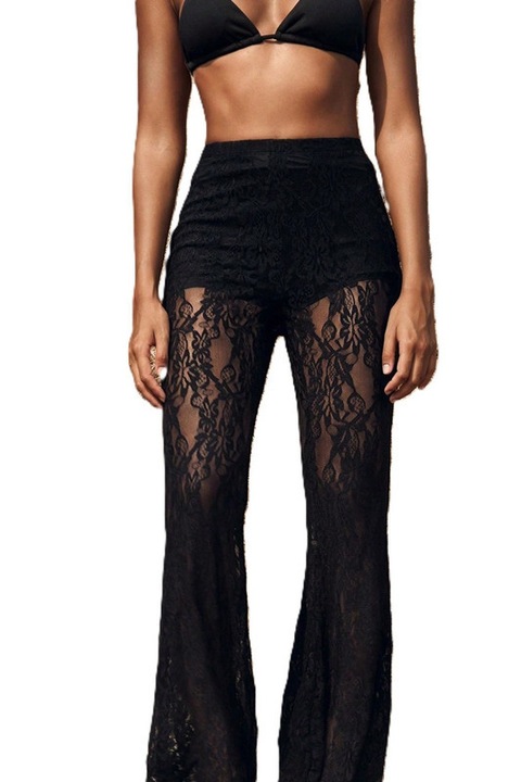 Pantaloni Dama, Din Dantela, Talie Inalta, Croiala Regular Fit, Negru