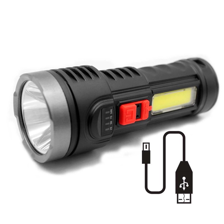 Lanterna LED ZYBLSSBB LSM2xh2885-BCS0328612-1, panou COB lateral si LED frontal, incarcare USB, 300 lm, baterie 1200 mAh, 3 moduri (puternic/scazut/flash), negru