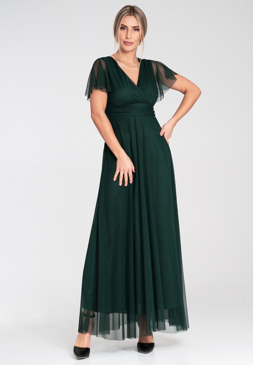 Rochie maxi Figl, verde, plasa, cu maneci scurte, decolteu plic, pentru femei, S-M INTL