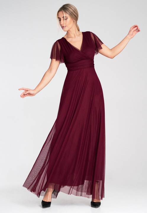 Rochie de dama eleganta, midi, croiala petrecuta, decolteu plic, maneca scurta, cordon in talie, inchidere cu fermoar, Figl - M1103, Visiniu, S-M
