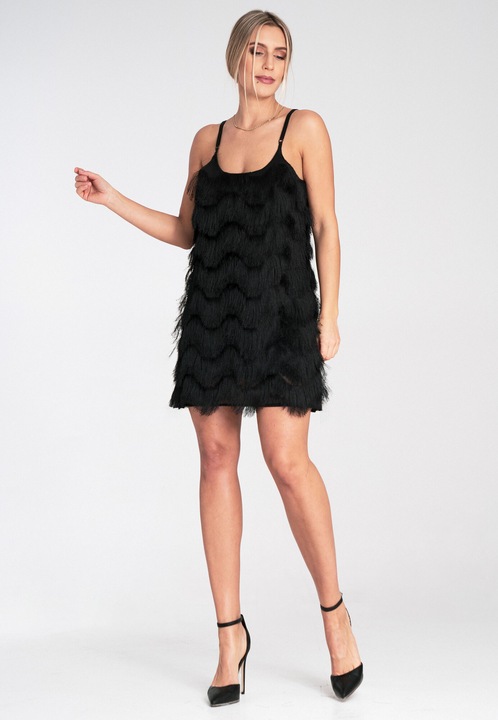 Rochie cu franjuri, Figl, neagra, eleganta, fara maneci, din poliester, S-M INTL